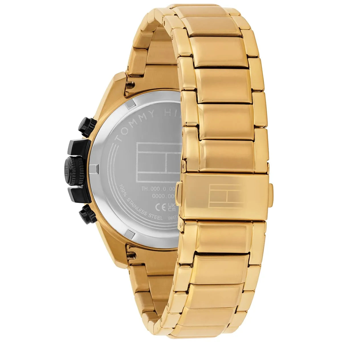 Tommy Hilfiger Jameson watch back side showing gold stainless steel bracelet and caseback