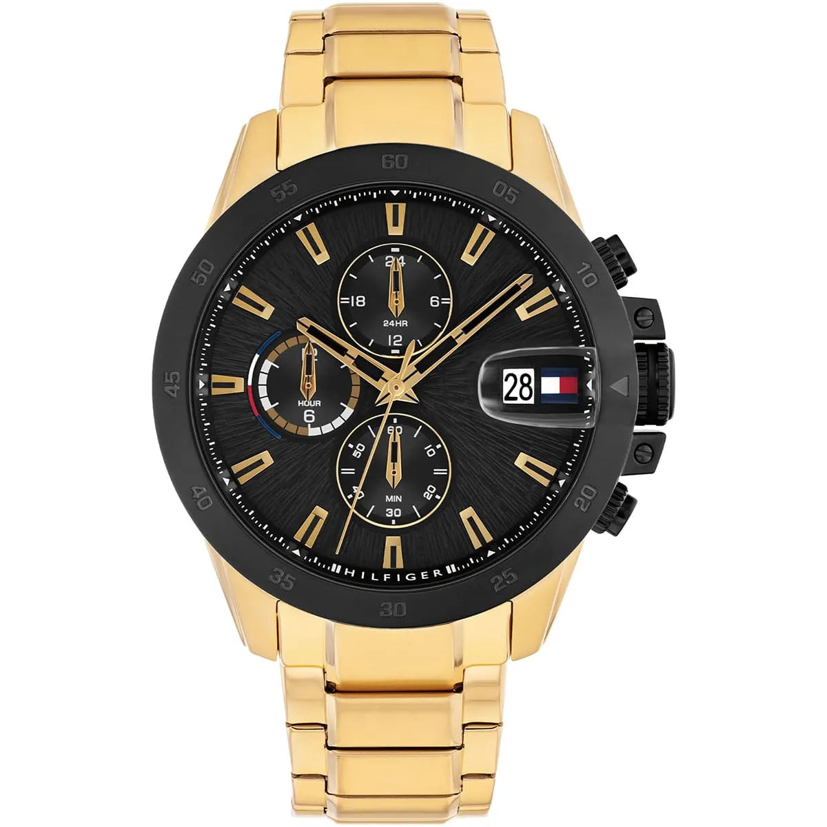 Tommy Hilfiger Jameson chronograph watch with black dial and gold stainless steel strap