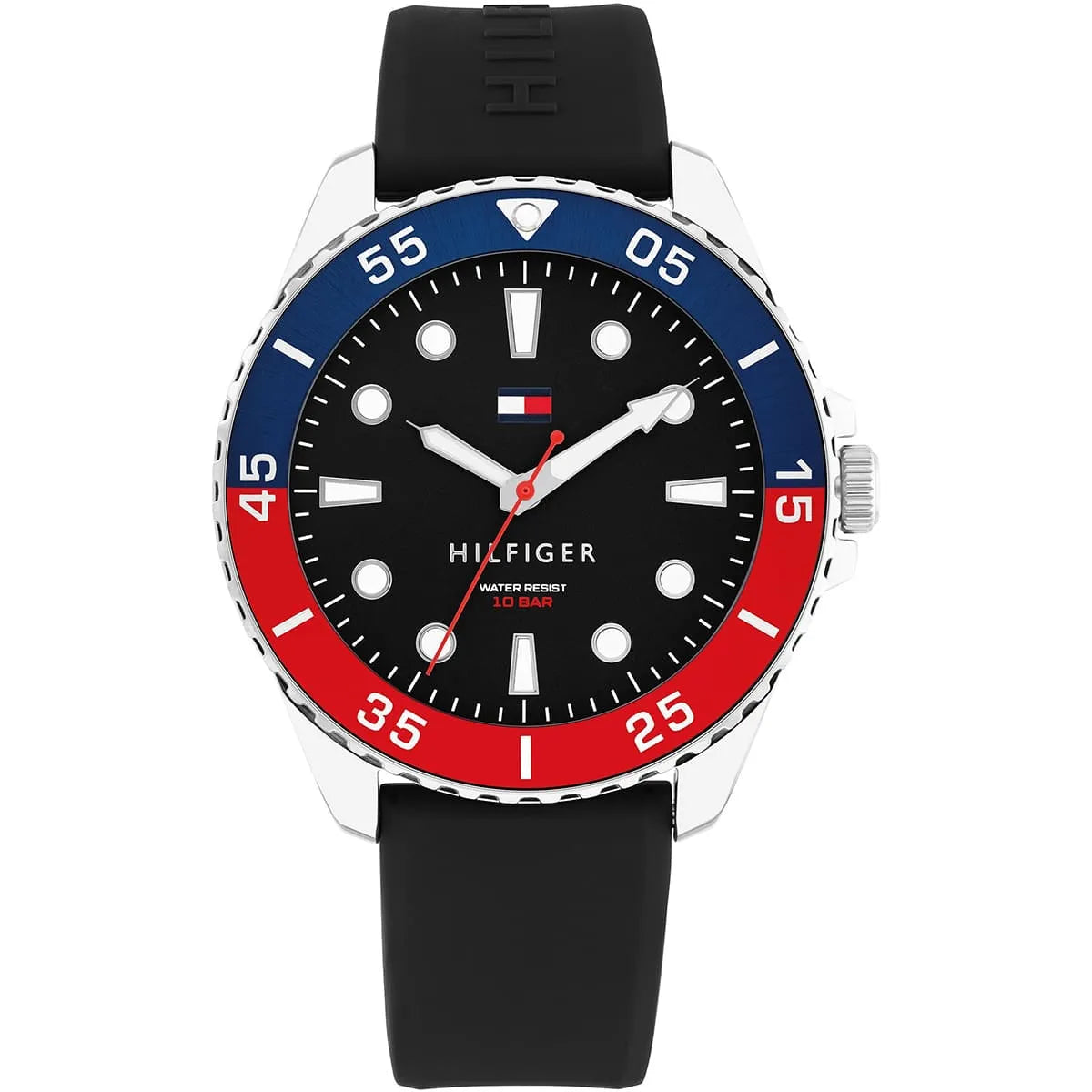Tommy Hilfiger black dial watch with blue and red bezel and black silicone strap