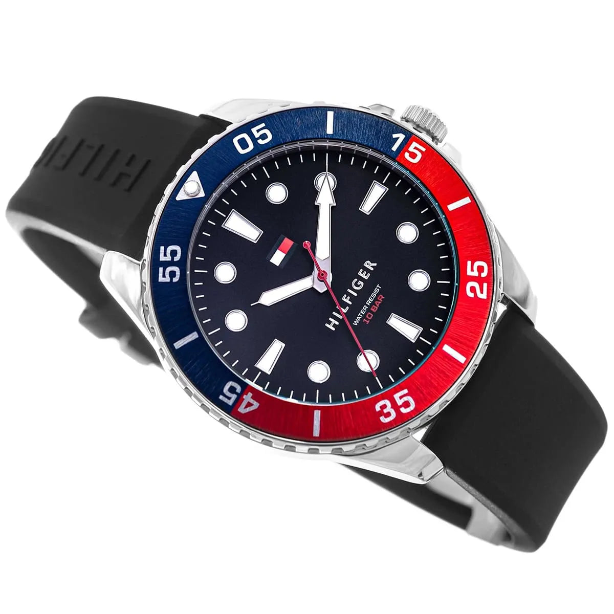 Tommy Hilfiger watch side view with black silicone strap and blue-red bezel