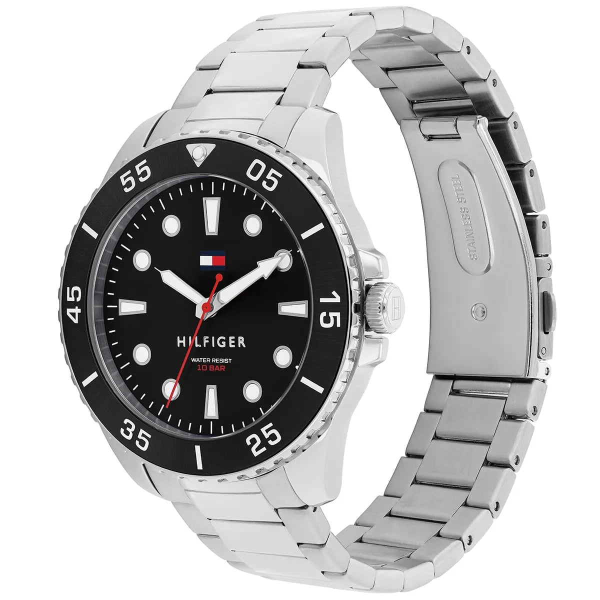 Tommy Hilfiger Oceanic Diver showing black dial and stainless steel bracelet side angle view