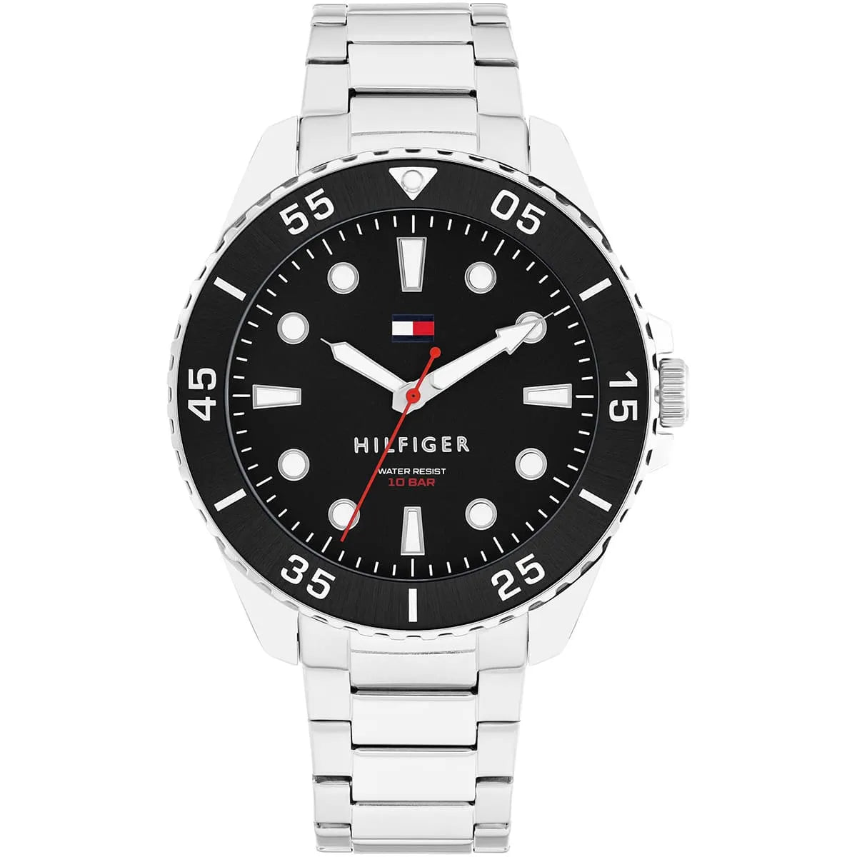 Tommy Hilfiger Oceanic Diver 42mm watch with black dial and stainless steel bracelet