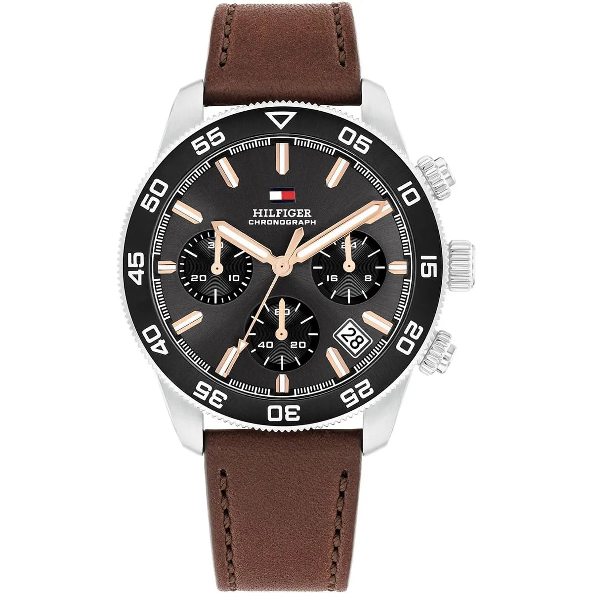 Tommy Hilfiger chronograph men's watch with dark grey dial, brown leather strap and stainless steel case