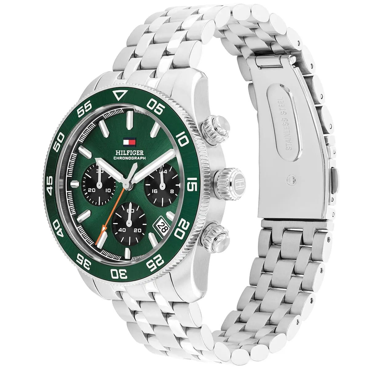 Side angle view of Tommy Hilfiger chronograph watch showing stainless steel bracelet and green bezel