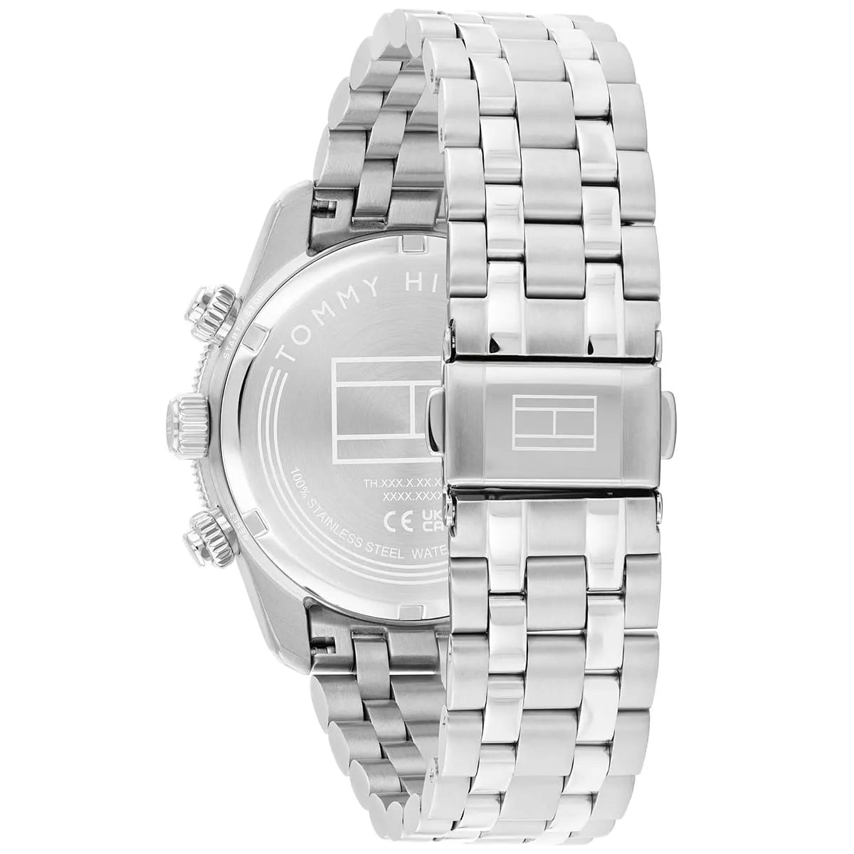 Caseback of Tommy Hilfiger stainless steel watch showing model details and water resistance