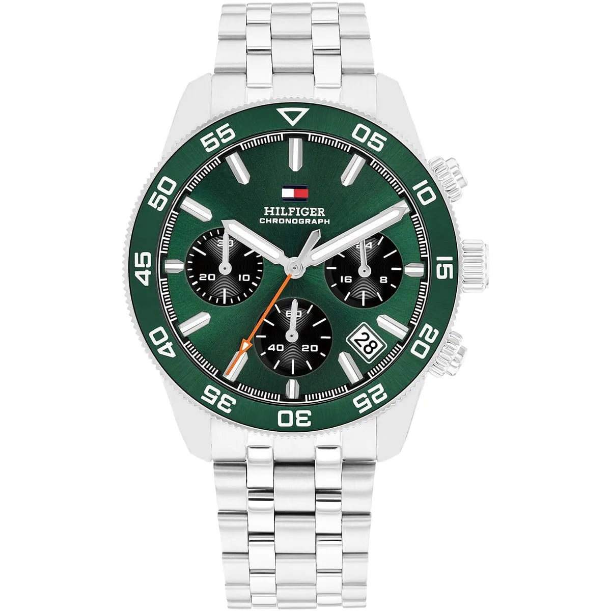 Tommy Hilfiger green dial chronograph watch with stainless steel case and strap