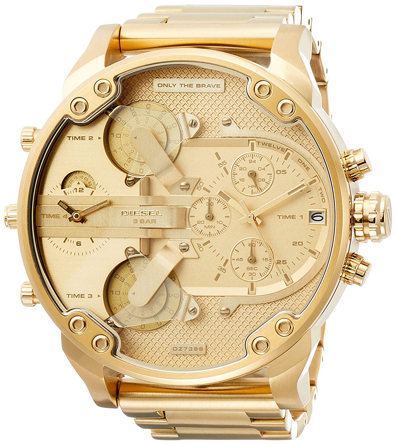 Diesel Big Daddy gold dial detail showing multiple time zones and chronograph complications