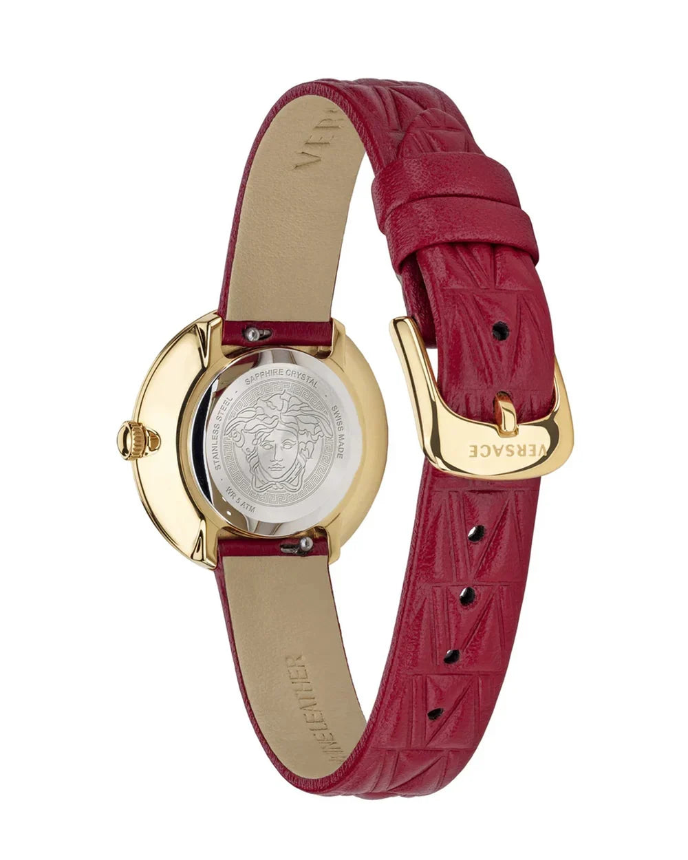 Versace Virtus Mini Quartz Gold Dial Red Leather Strap Watch For Women - VET300521