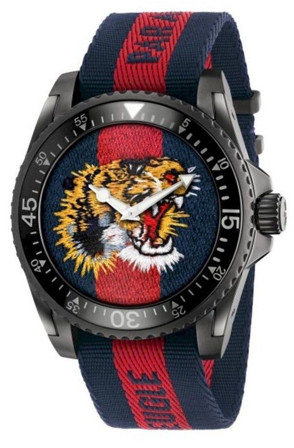 Gucci Dive Blue Red Web Dial Tiger Embroidery Men's Watch YA136215
