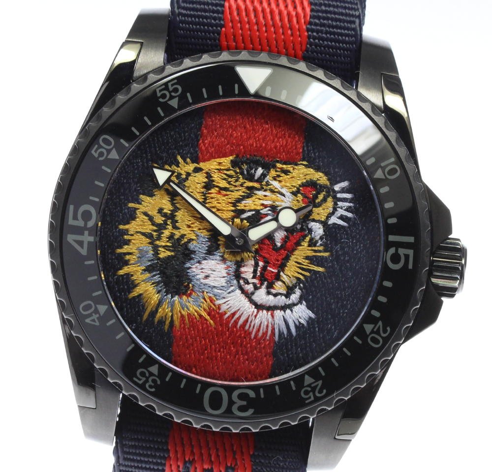 Gucci Dive Blue Red Web Dial Tiger Embroidery Men's Watch YA136215