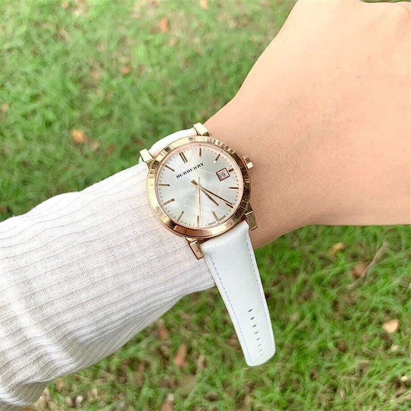 Burberry Women's Large Check White Leather Strap  Women's Watch BU9108 - Watches of New Zealand #3