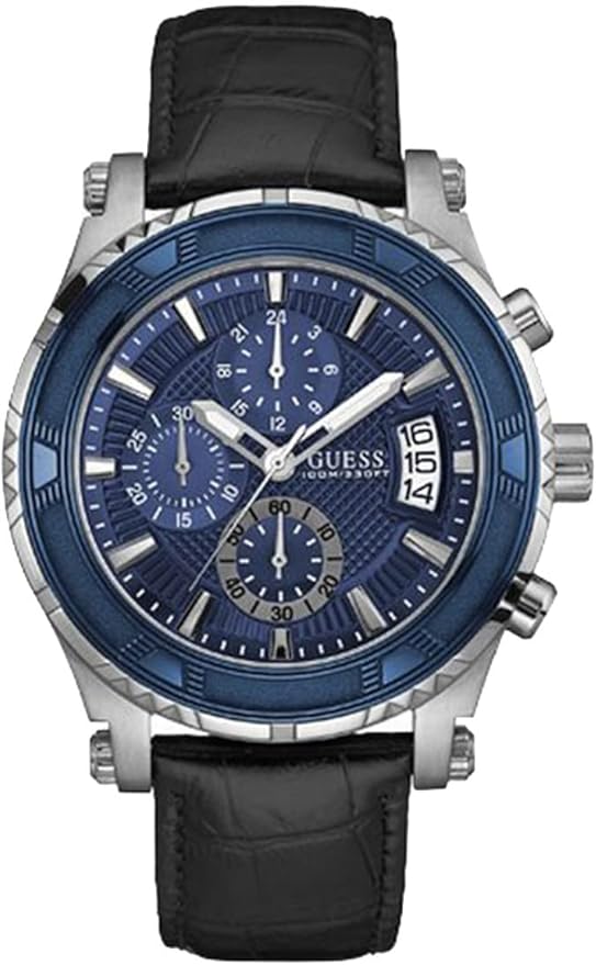 Guess Pinnacle Chronograph Quartz Blue Dial Black Leather Strap Watch For Men - W0673G4