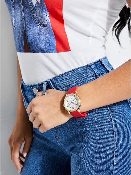 Guess Gold Tone Case Red Silicone Strap Multi function Women's Watch - W1135L6