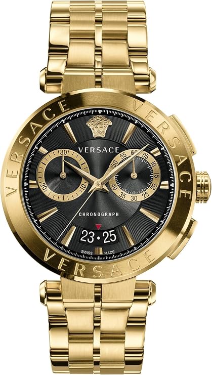 Versace chronograph watch with a gold-tone metal bracelet and case, featuring a black dial with gold subdials and markers.