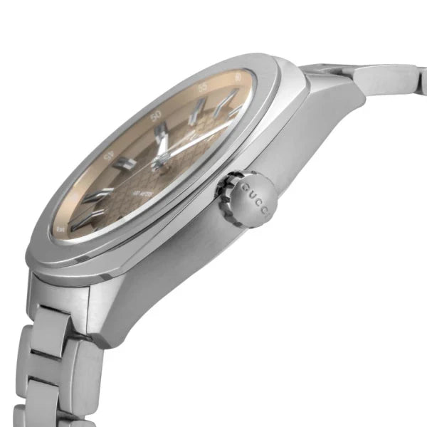 Gucci GG2570 YA142315 Watch Silver Stainless Steel Brown Dial Quartz Date Analog