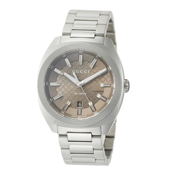 Gucci GG2570 YA142315 Watch Silver Stainless Steel Brown Dial Quartz Date Analog