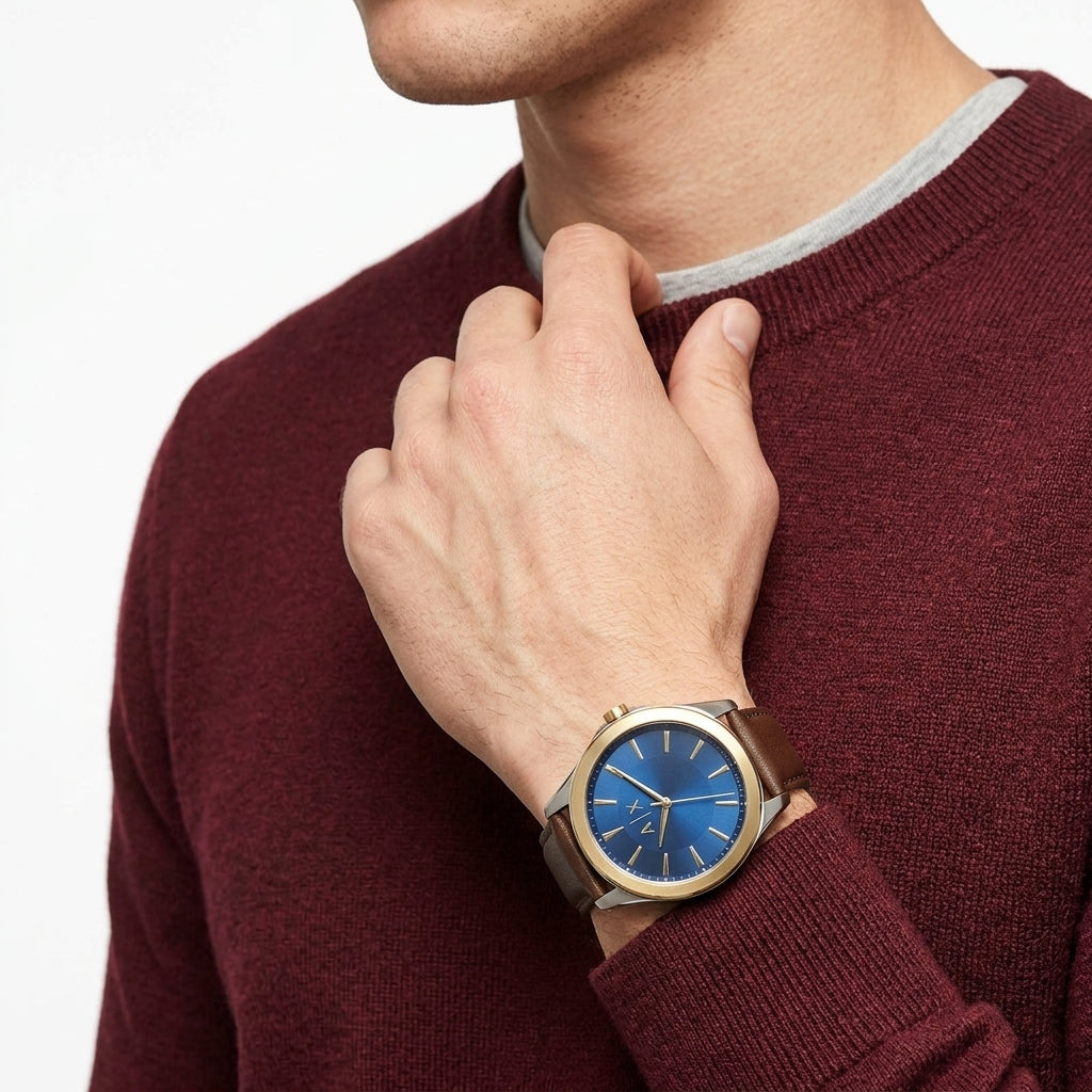 Armani Exchange Nico Mutli-colour Brown Leather Blue Dial Gold Watch - AX2334