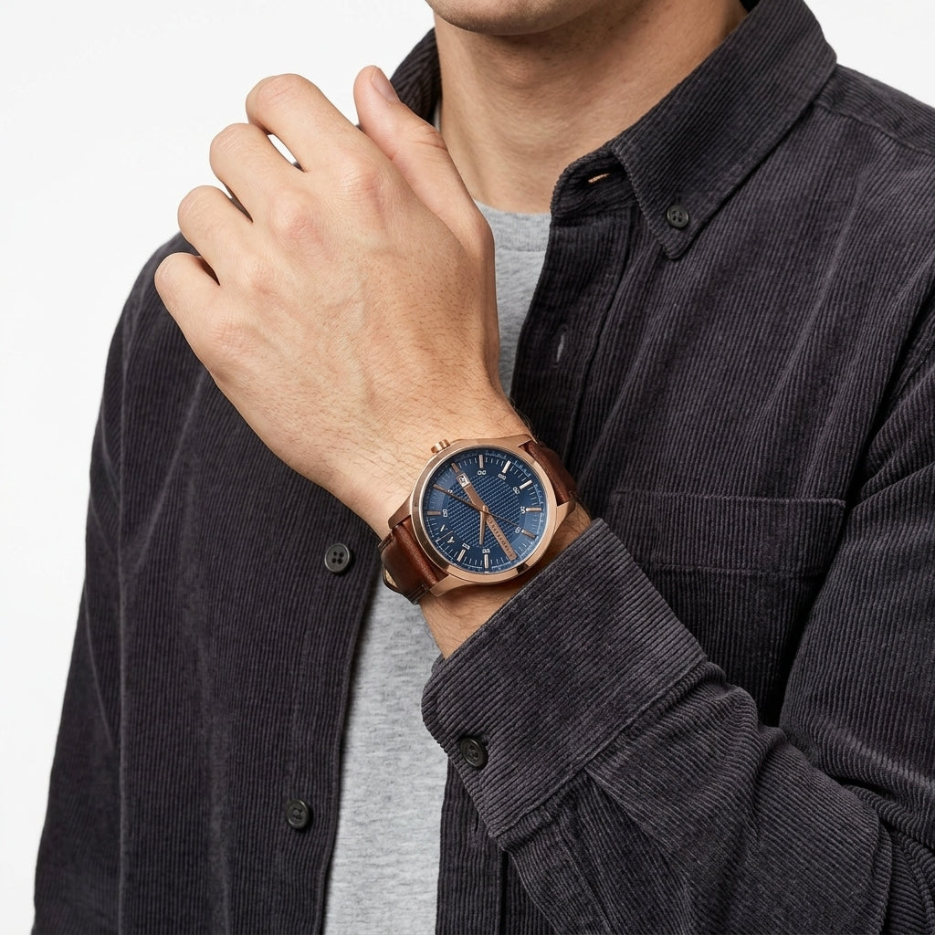Armani Exchange Hampton Blue Dial Brown Leather Date Watch AX2172