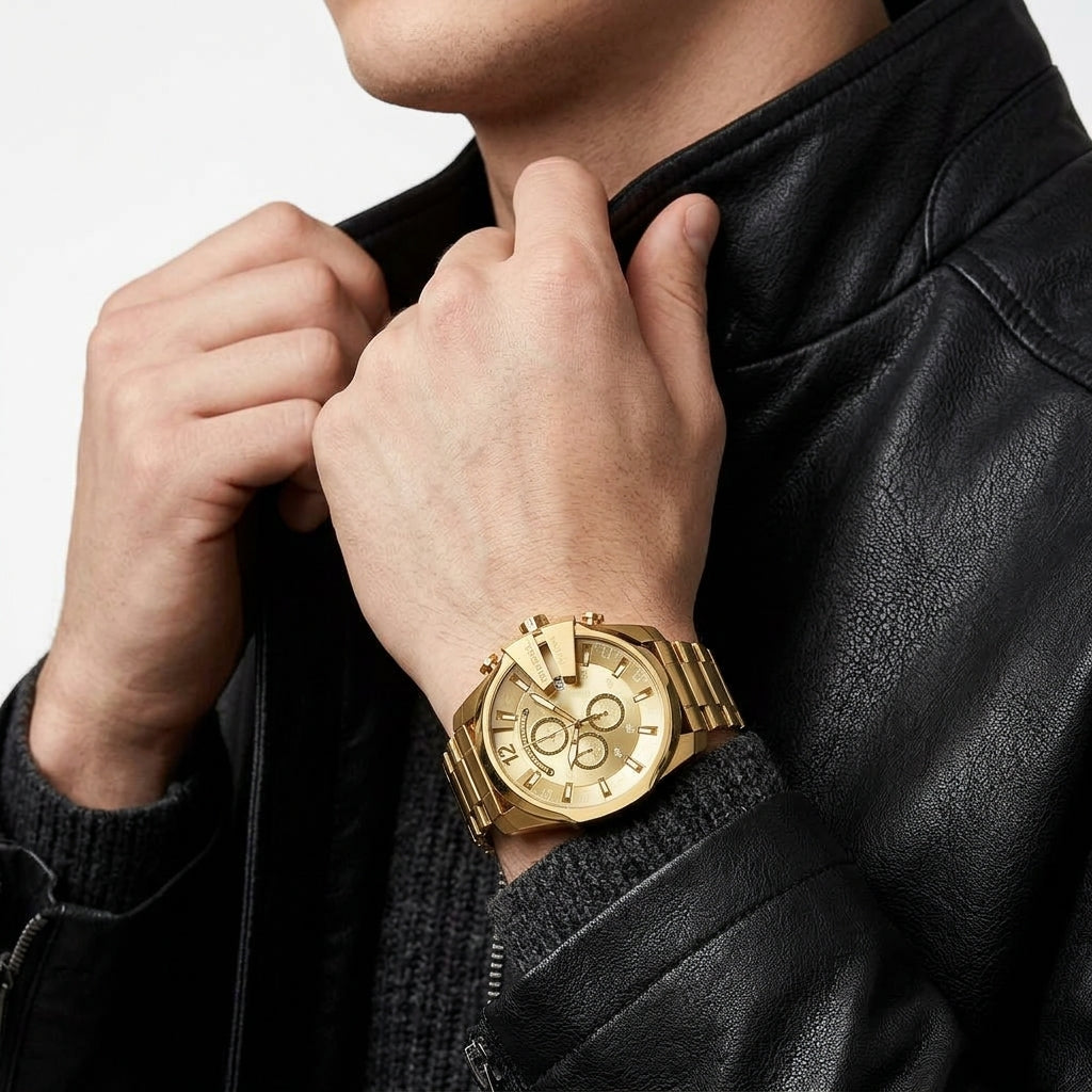 A close-up of a man wearing a gold-tone chronograph watch with a matching metal link bracelet, styled with a black leather jacket and gray knit sweater.