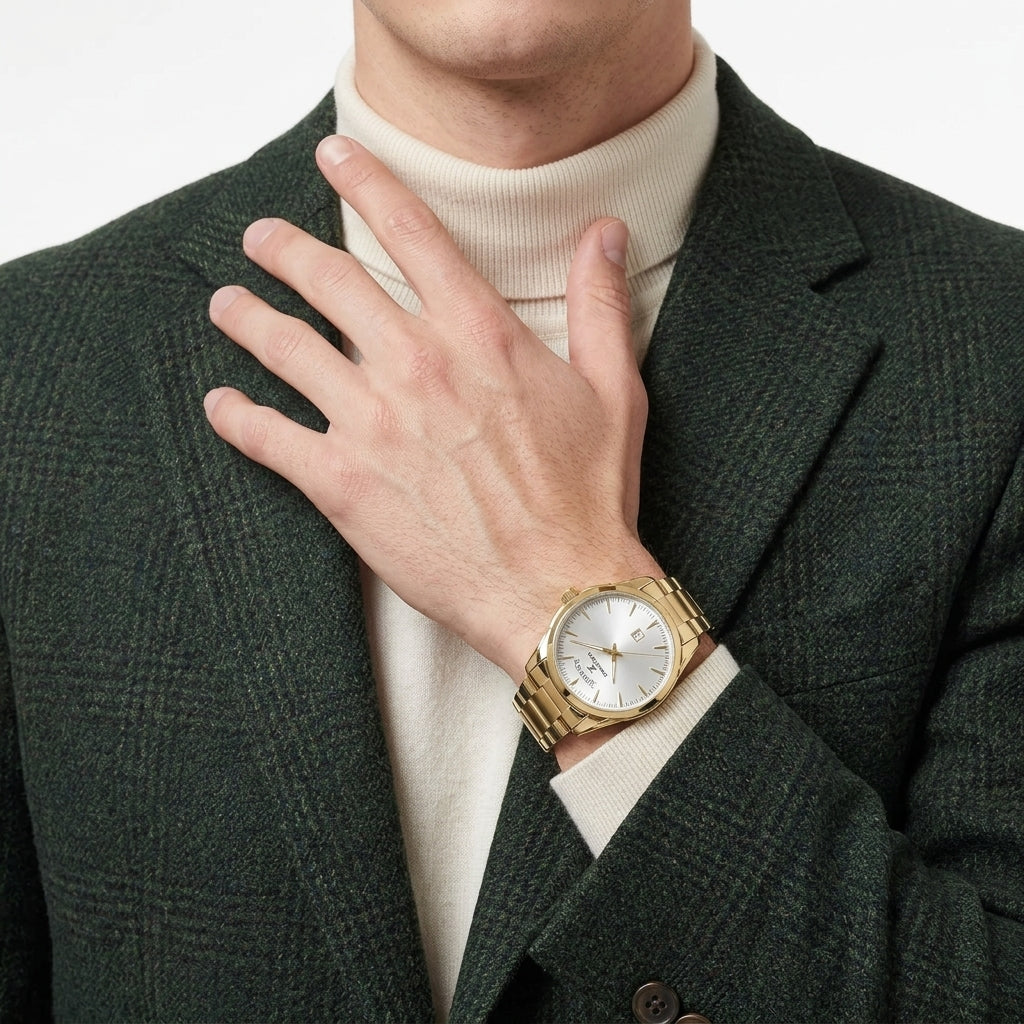 A close-up of a man wearing a gold-tone watch with a white dial and a gold bracelet, styled with a cream turtleneck sweater and a dark green textured blazer.