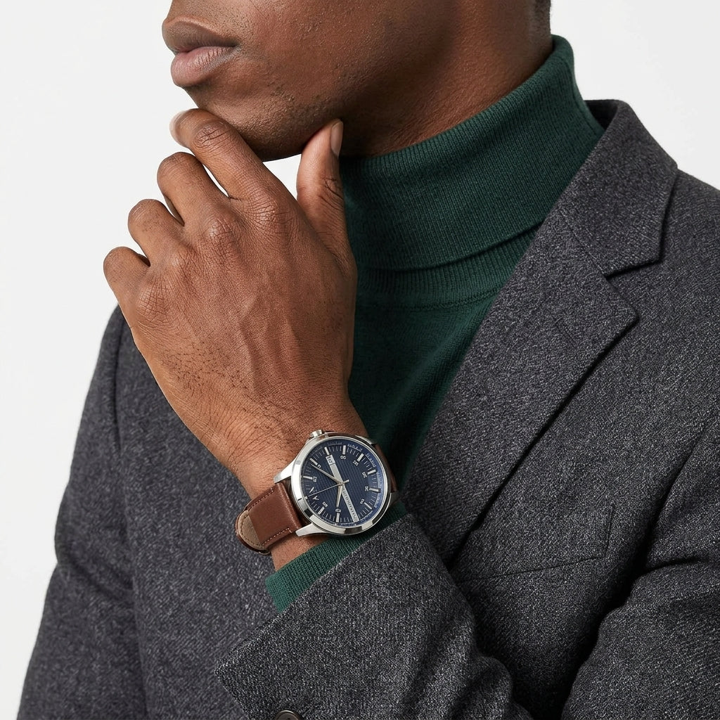 Armani Exchange Navy Dial Brown Leather Date Men's Watch - AX2133