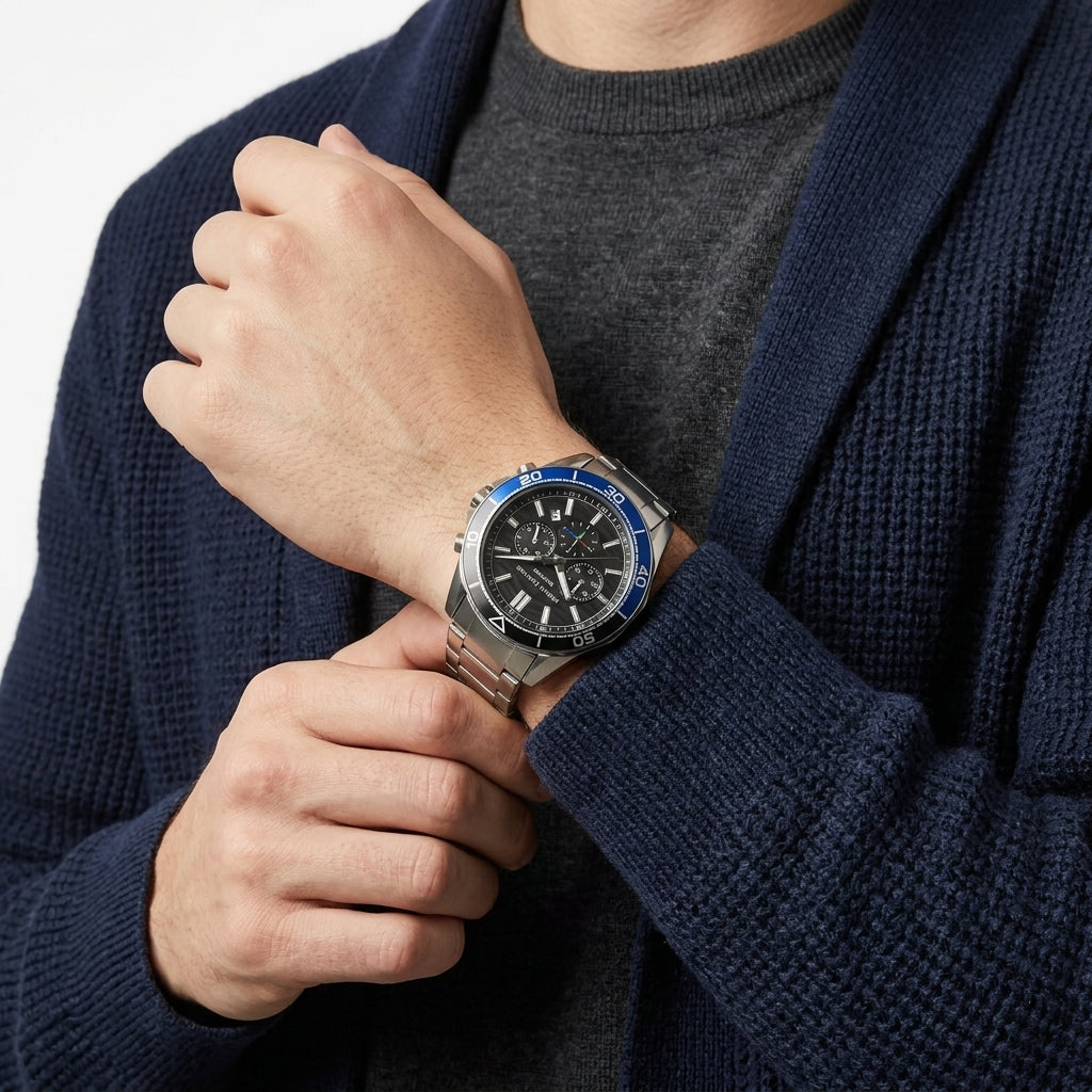 Armani Exchange Spencer Black/Blue Dial Silver Watch - AX7166