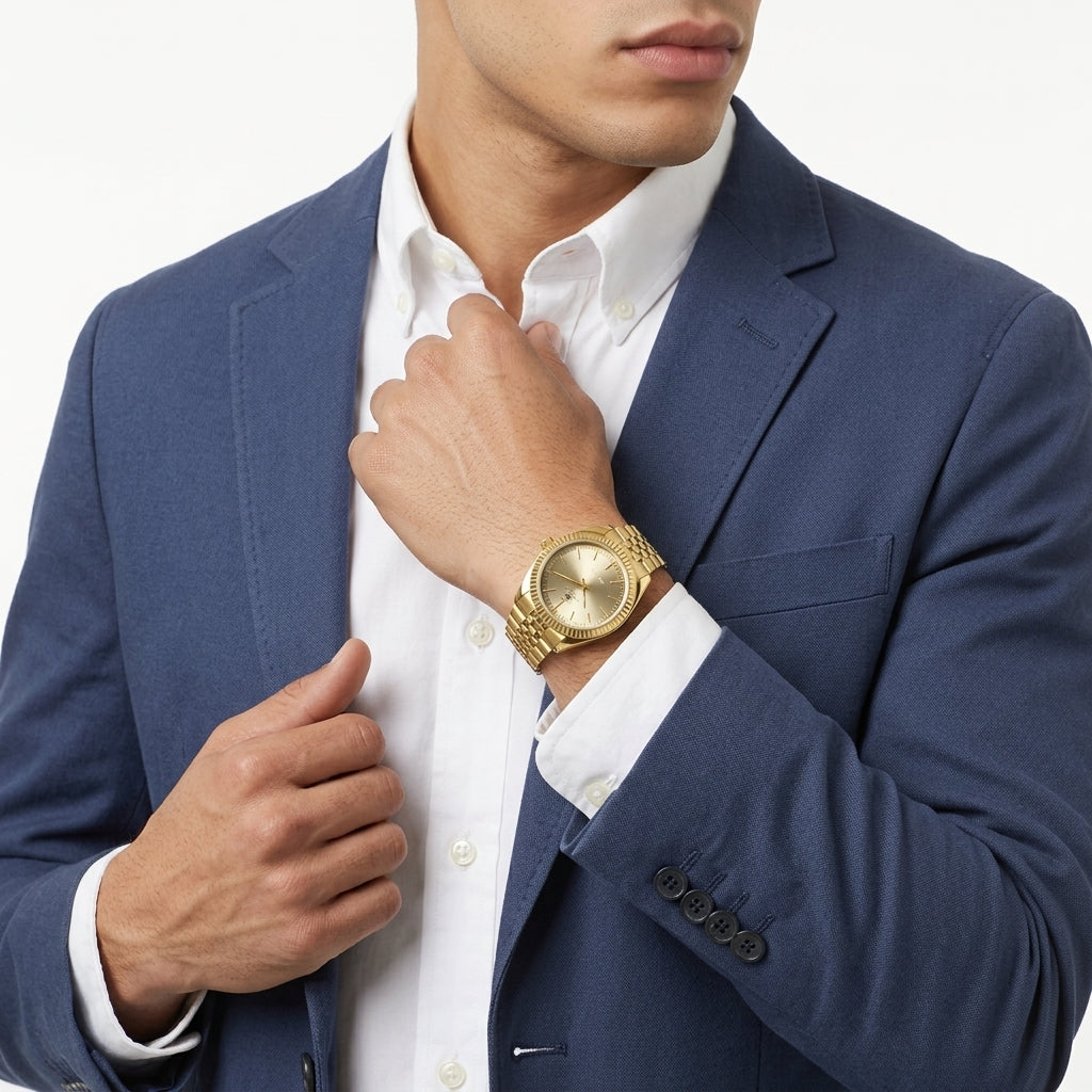 A man wearing a navy blue blazer and white dress shirt, wearing a gold-tone watch with a gold dial and matching gold-tone link bracelet.