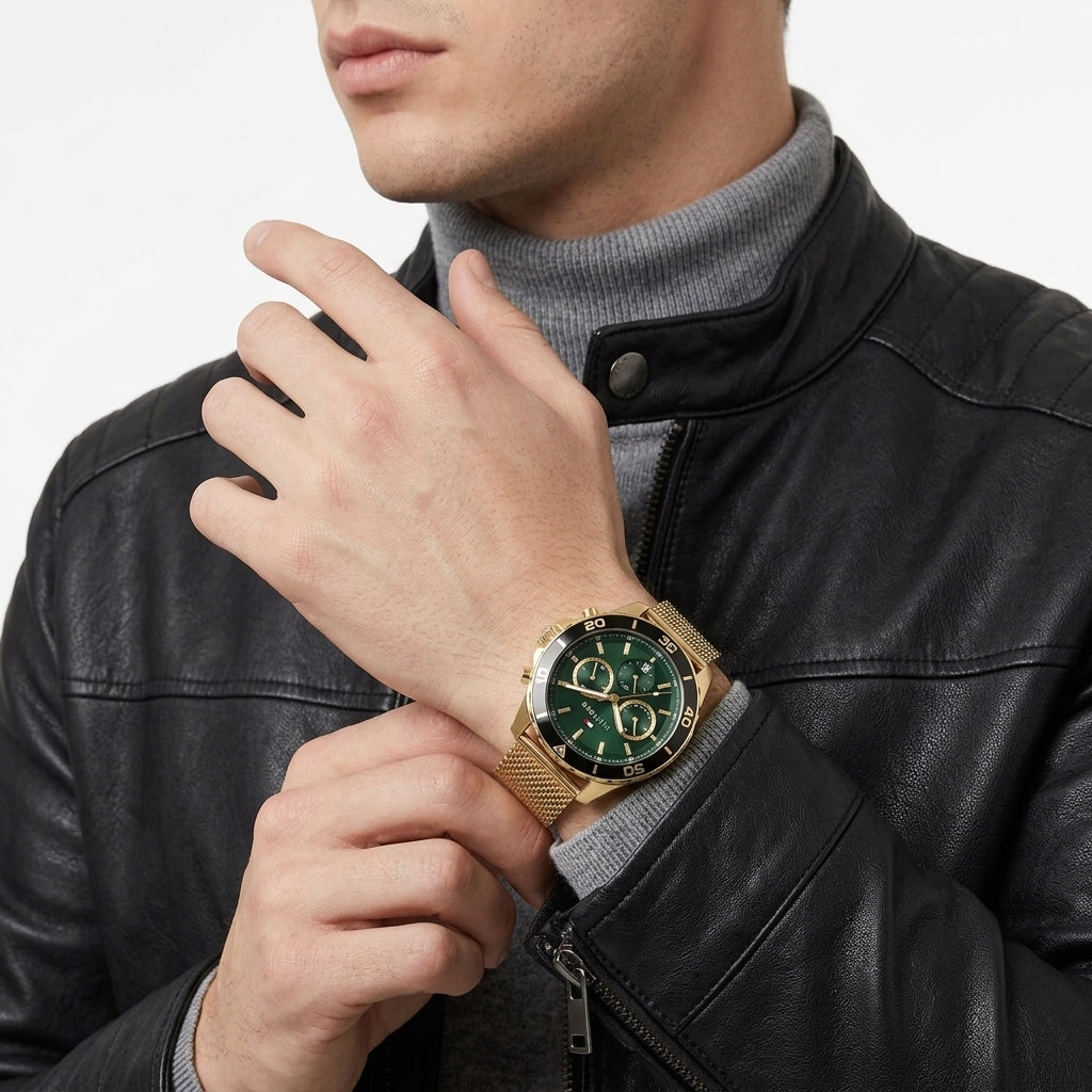 A man wearing a gold-tone mesh-strand watch with a dark green dial and gold bezel, shown in a close-up lifestyle shot against a white background.