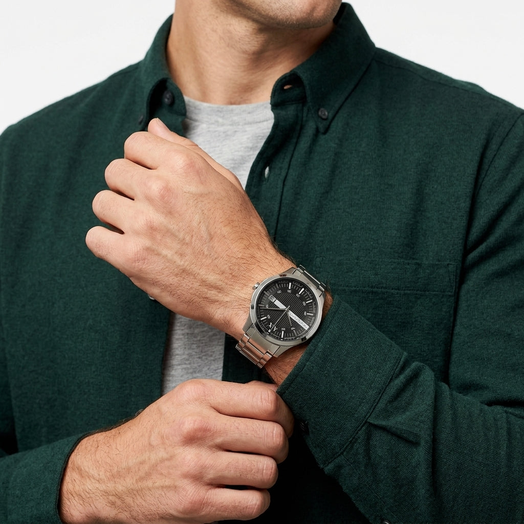 Armani Exchange Hampton Date Black Dial Silver Watch - AX2103