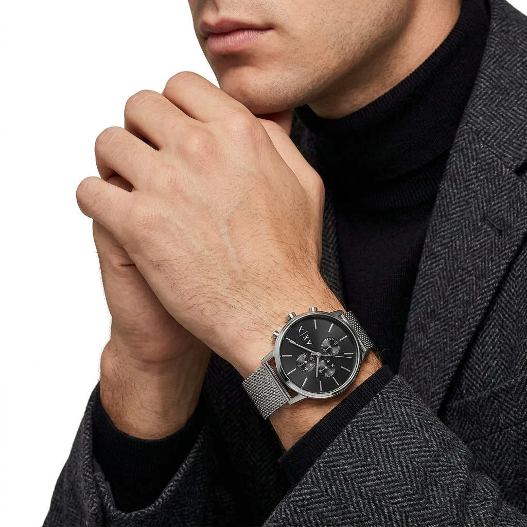 Armani Exchange Cayde Black Dial Silver Mesh Watch - AX2714