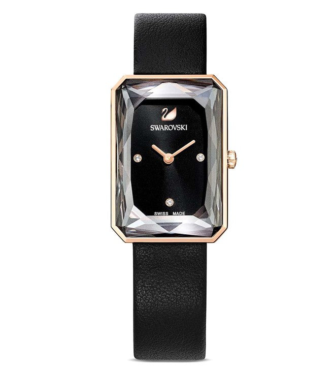 Swarovski Uptown Rectangular Case Black Dial Black Leather Strap Women's Watch 5547710