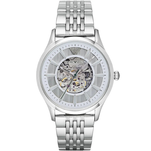 Emporio Armani Meccanico Skeleton Silver Dial Silver Steel Men's Watch AR1945