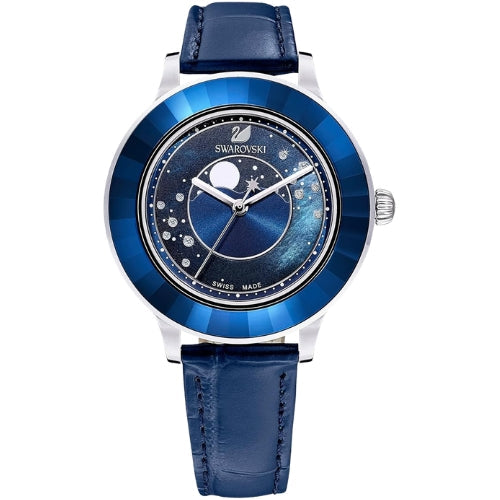 Swarovski Octea Lux , Leather Strap, Dark Blue, Stainless Steel Moon Watch 5516305