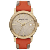 Burberry Women's Swiss Haymarket Check Fabric and Smooth Orange Leather Strap Women's Watch  BU9016 - Watches of New Zealand