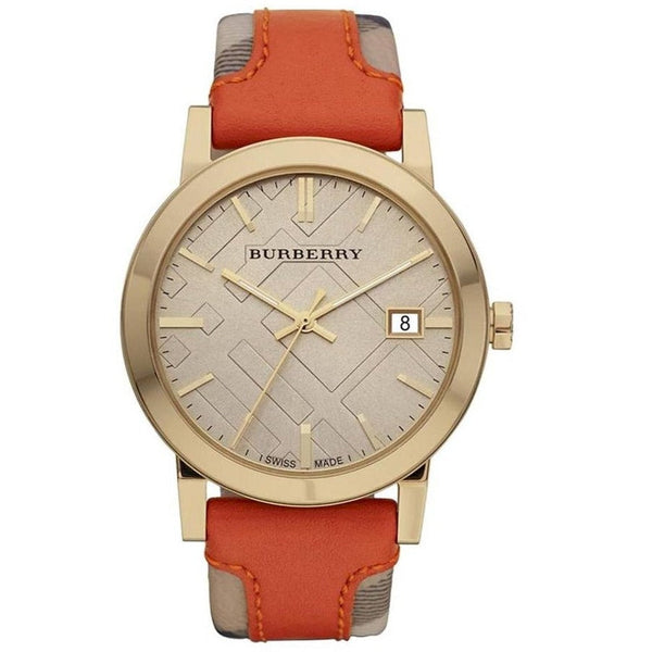 Burberry Women's Swiss Haymarket Check Fabric and Smooth Orange Leather Strap Women's Watch  BU9016 - Watches of New Zealand