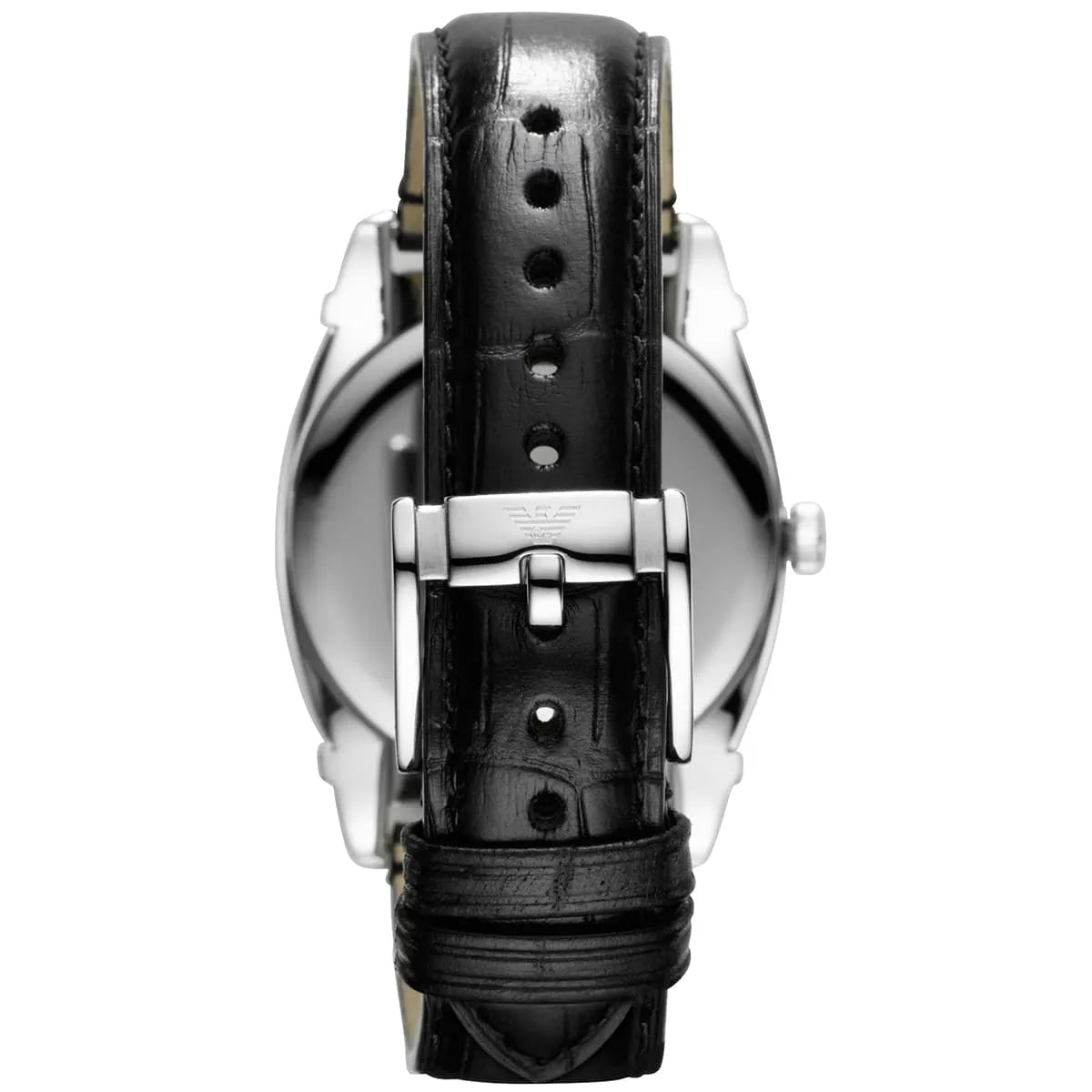 Caseback view of Emporio Armani Carmelo watch showing black leather strap with deployment clasp