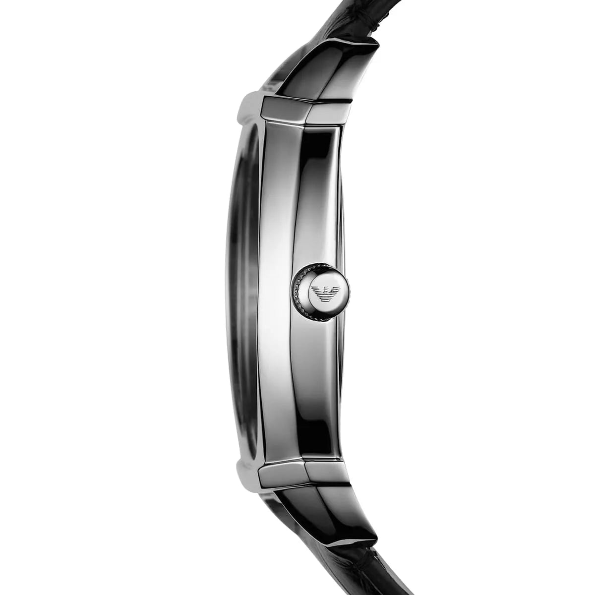 Side profile of Emporio Armani Carmelo watch showing stainless steel case and black leather strap