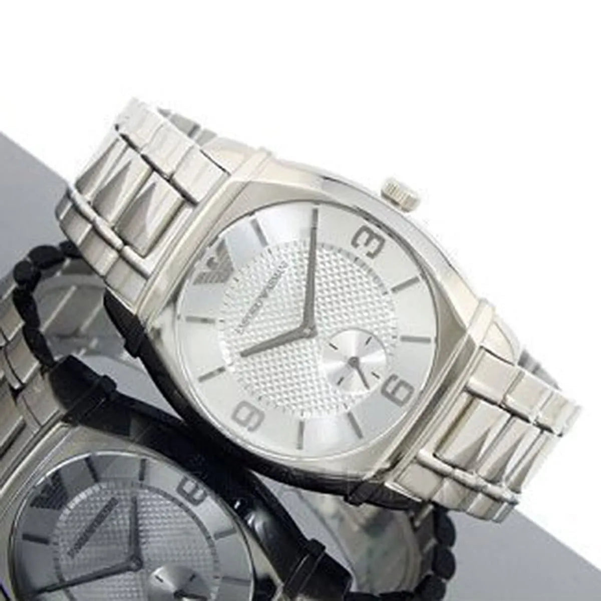 Emporio Armani Carmelo AR0345 men's watch angled view displaying silver dial and bracelet