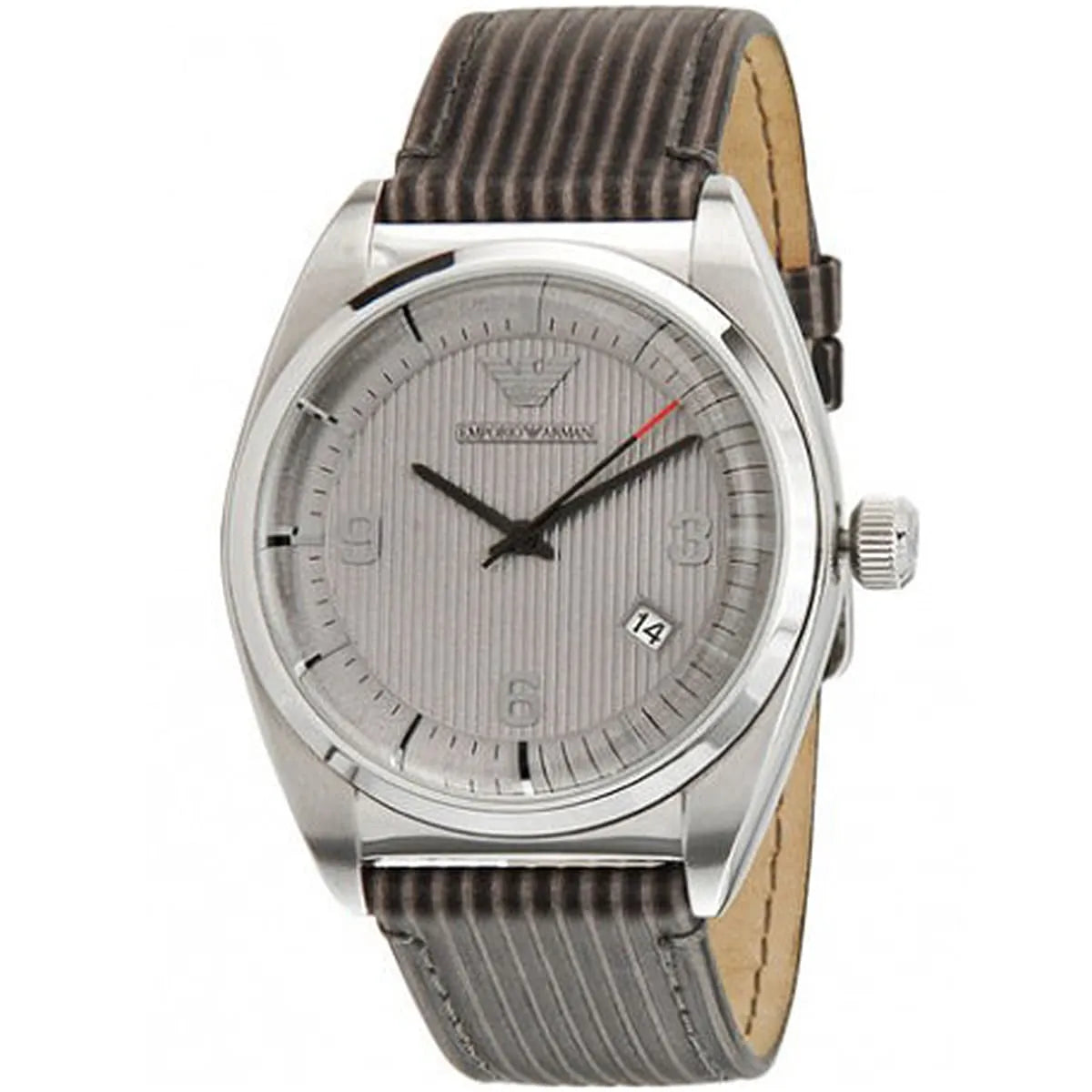 Emporio Armani AR0366 watch angled view showing grey textured dial and grey leather strap