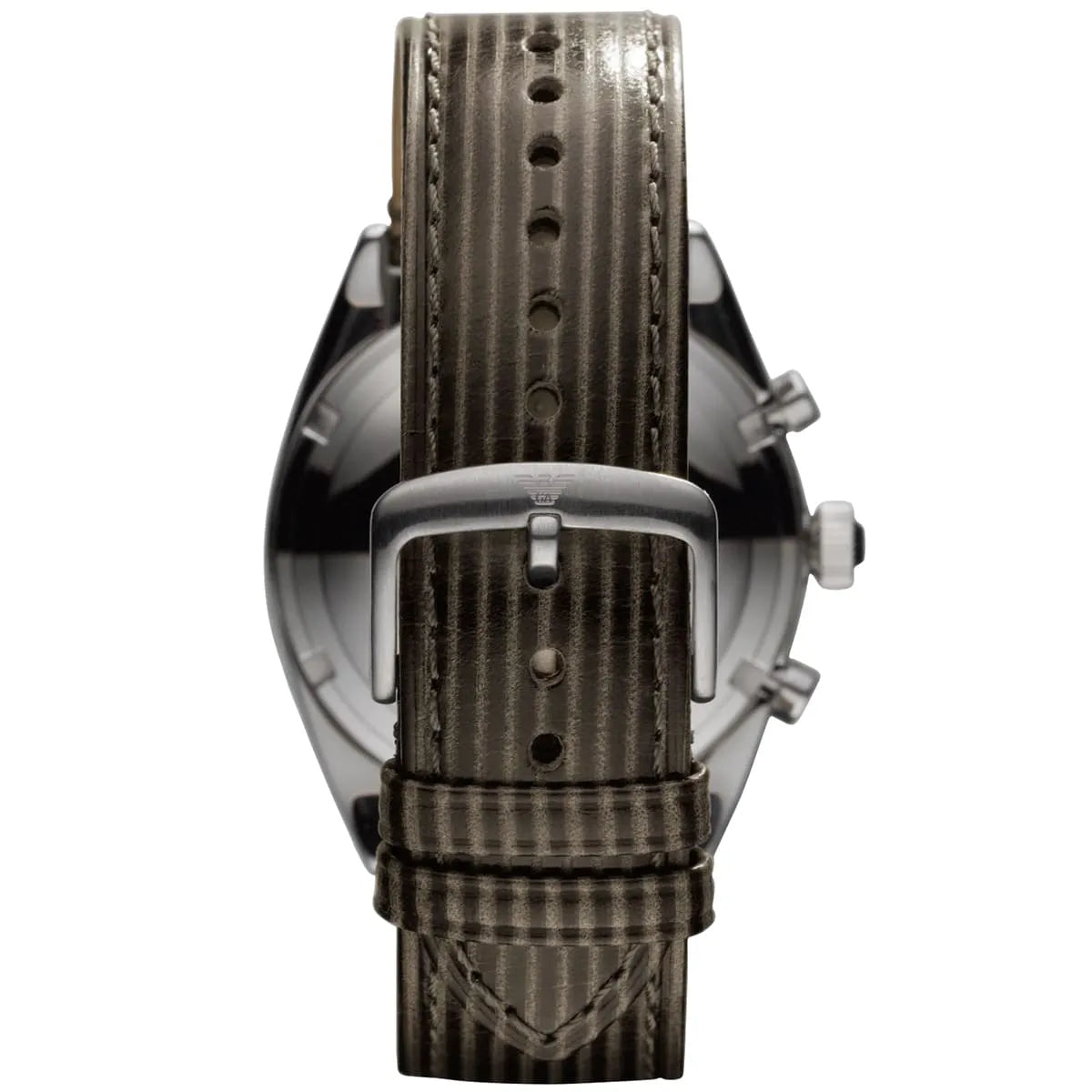 Caseback view of Emporio Armani Franco Large watch showing gray striped leather strap and steel case