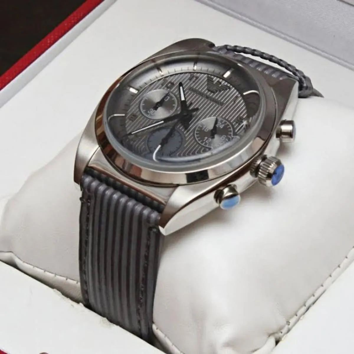 Emporio Armani Franco Large chronograph watch on display pillow showing full case and strap