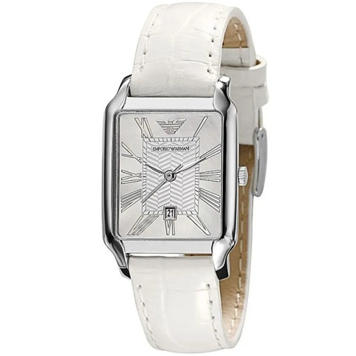 AR0420 Emporio Armani watch side angle showing square case and white leather strap