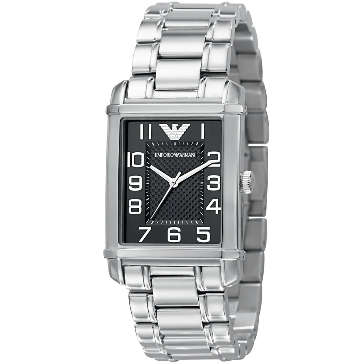 Side angle view of Marco medium watch with rectangular black dial and metal bracelet
