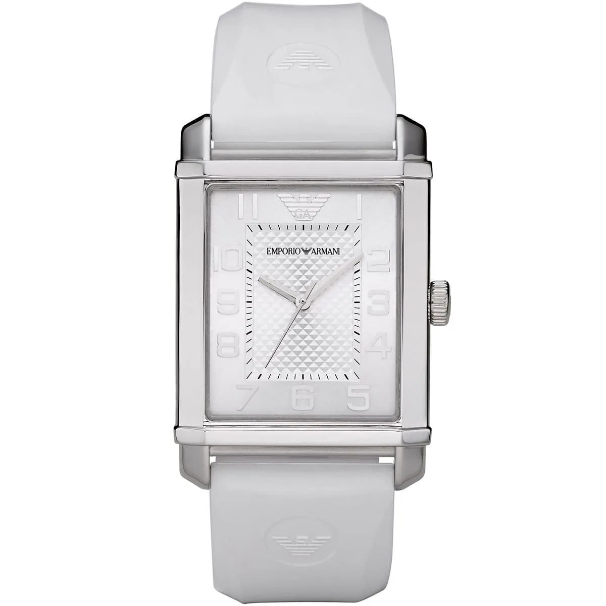 Emporio Armani AR0498 white dial rectangular watch with white rubber strap and stainless steel case