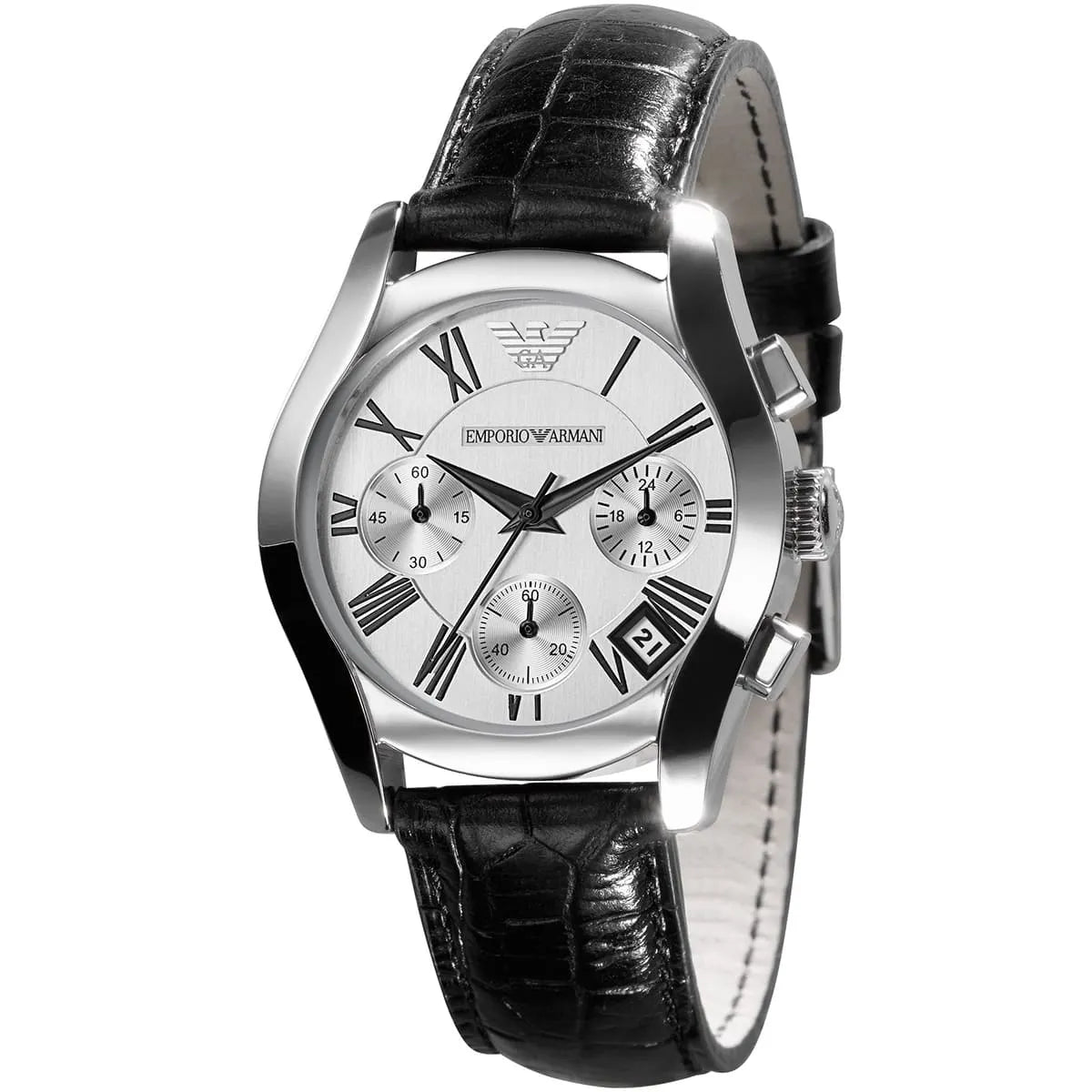 Emporio Armani AR0670 women's watch with silver chronograph dial and black leather strap