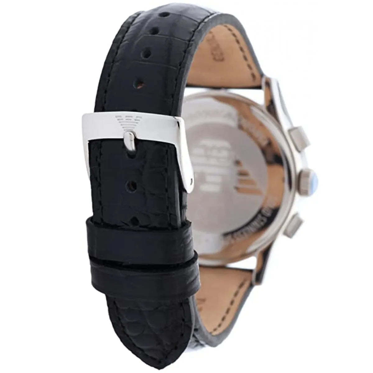 Side view of Emporio Armani AR0670 with black crocodile-textured leather strap and chronograph pushers