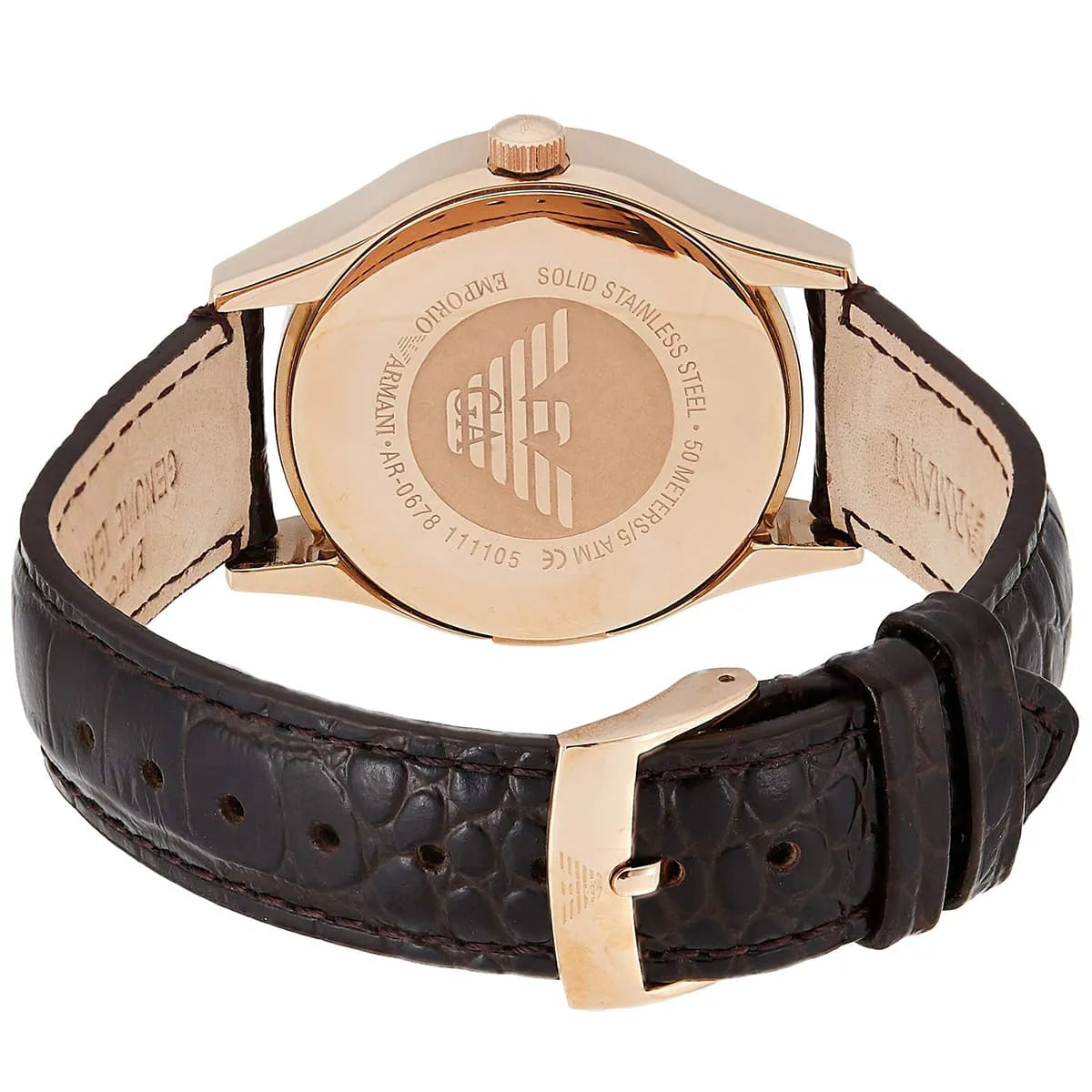 Emporio Armani AR0678 caseback engraved with EA logo and solid stainless steel markings on rose gold case