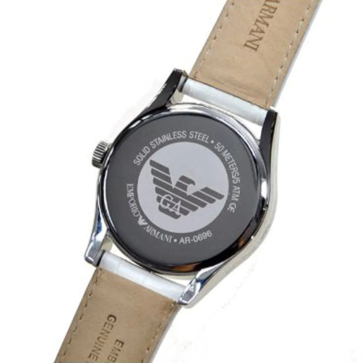 Caseback of Emporio Armani AR0697 showing stainless steel with Emporio Armani logo and AR0690 reference