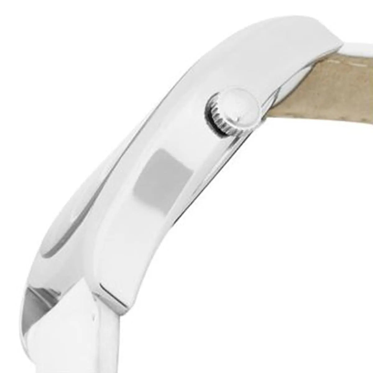 Side view of Emporio Armani AR0697 watch case with white leather strap and crown