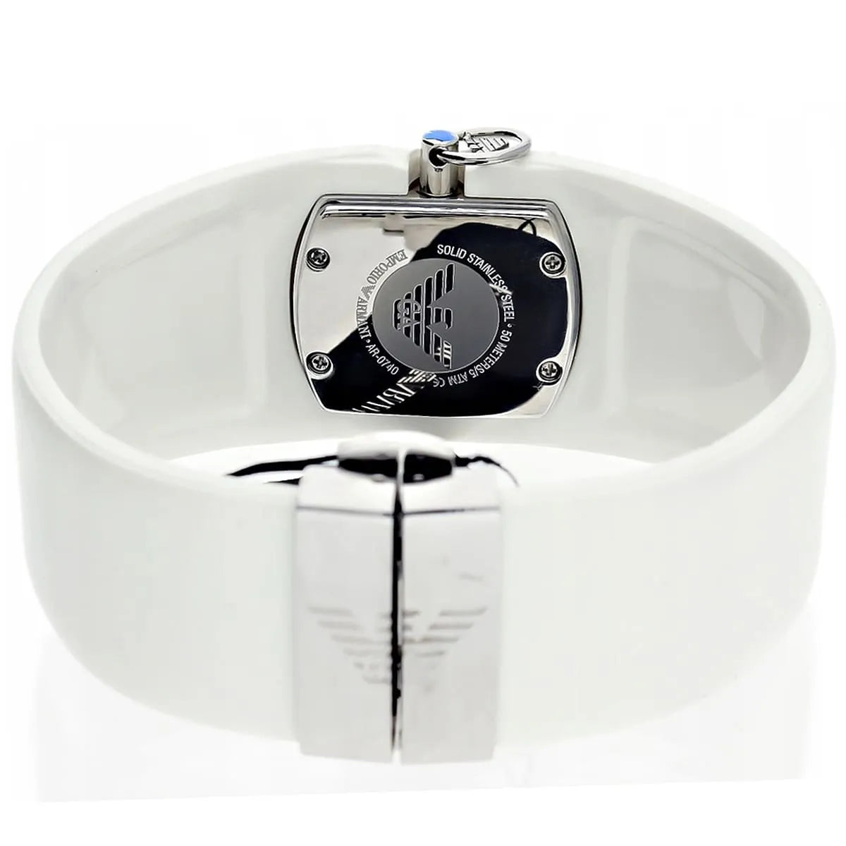 Caseback view of Emporio Armani AR0740 displaying movement and watch functions